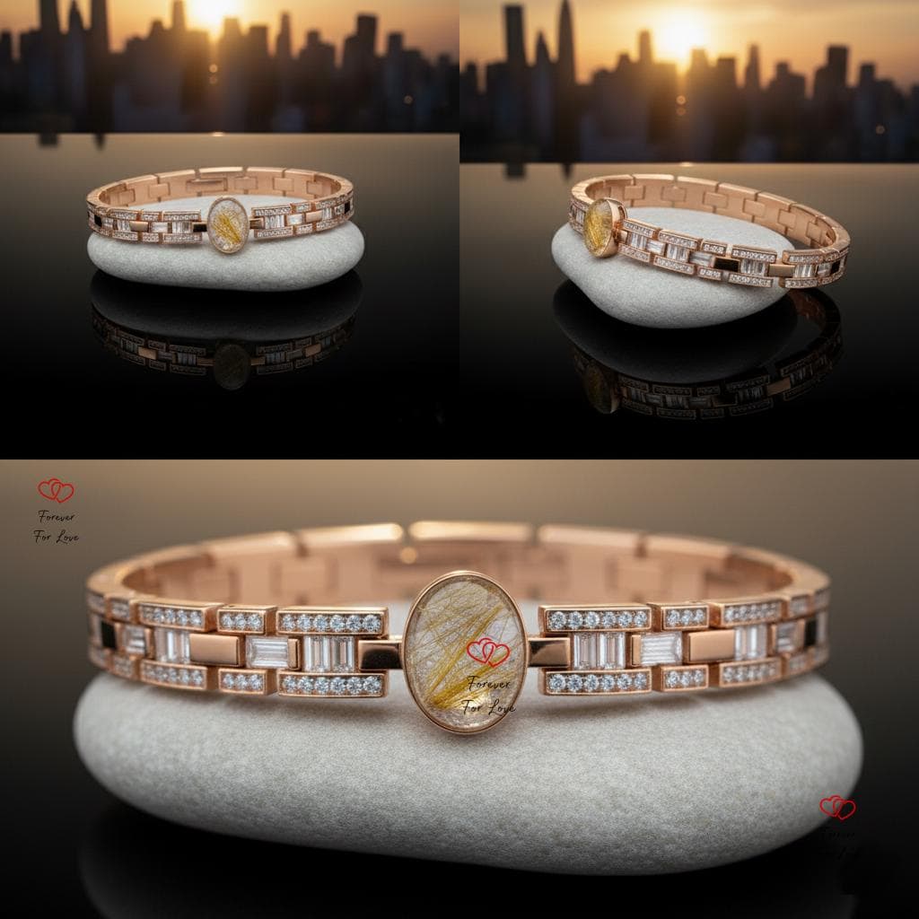 Golden Rutilated Quartz Bracelet with Baguette Diamonds, Solid Yellow Gold Bracelet, Angel Hair Quartz, Anniversary Gift, Fully Customizable Moissnaite engagement ring in Gold or Platinum — custom handcrafted by Forever For Love