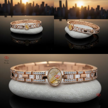 Golden Rutilated Quartz Bracelet with Baguette Diamonds, Solid Yellow Gold Bracelet, Angel Hair Quartz, Anniversary Gift, Fully Customizable