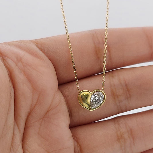 Heart shape Pear diamond Necklace, 14k Yellow Gold, Dainty Minimalist Pear Pendant, Lab Diamond Womens Necklace, Special Gift For Her.