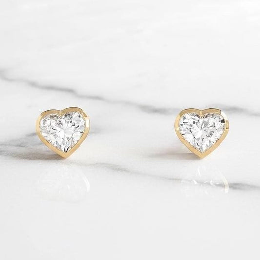 14k Heart Shaped Lab Diamond Stud Earrings, Bezel Setting, Stud Earring, Unique design, Minimalist Anniversary Gift, Perfect Gift for Her.