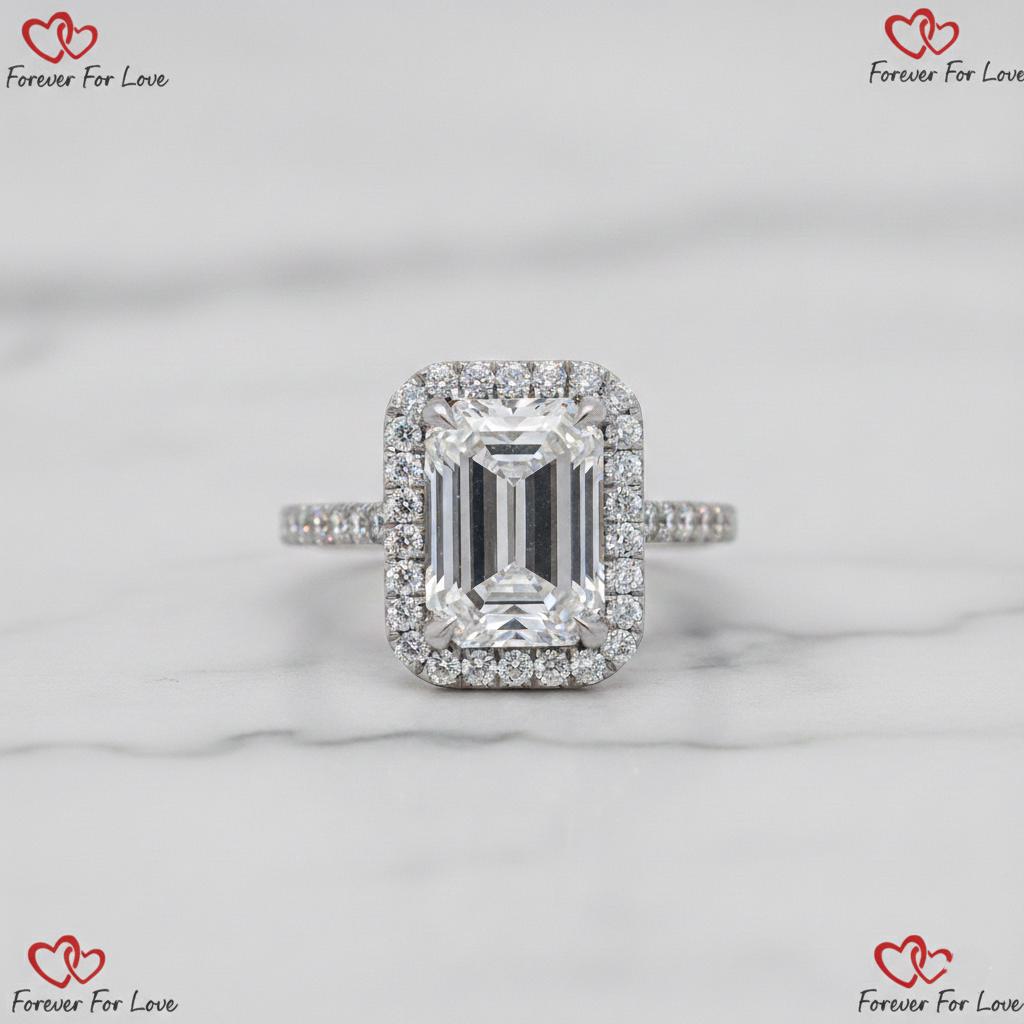 5 Ct IGI Certified Emerald Lab Diamond Halo Engagement Ring