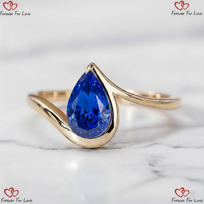1 Ct Pear Blue Natural Diamond, Sapphire Engagement Ring