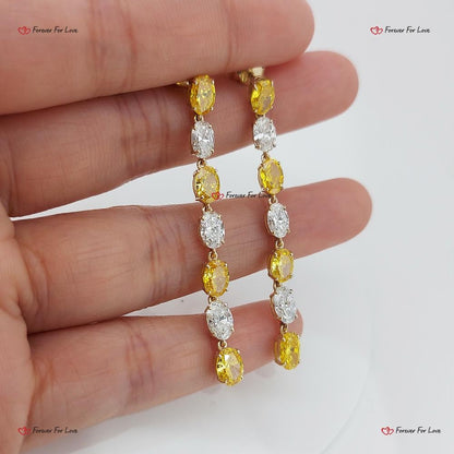 Dangle Earrings, Yellow and White Diamond Earrings, Dainty oval diamond Earrings, Statement Earrings, Gold Earrings , Minimalist earrings.