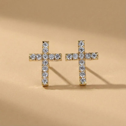Boucles d'oreilles clous croix en diamant, or massif 10K 14K 18K, boucles d'oreilles religieuses pour elle, cadeau clous diamant, boucles d'oreilles clous croix minimalistes en diamant