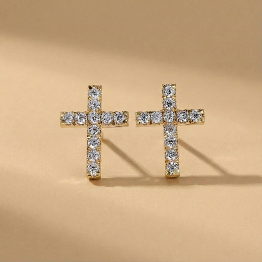Diamond Cross Earrings Solid 10K 14K 18K Gold Earrings Religious Earrings for Her Diamond Stud Gift Diamond Minimalist Cross Stud Earring