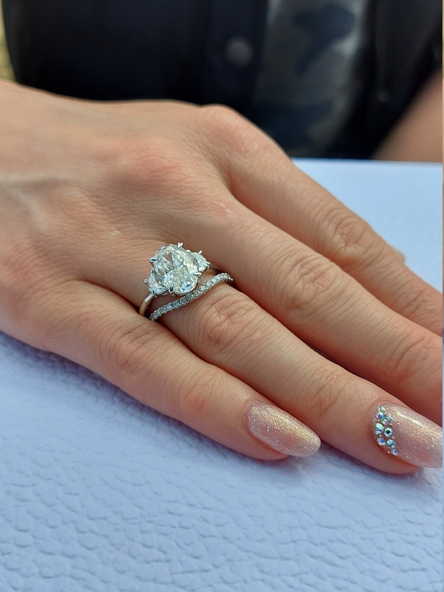 4.6 Ct Oval Moissanite Three Stone with Crushed Ice Bridal Set Oval cut Moissanite Brilliant Cut engagement ring in 935 Argentium Silver — custom handcrafted by Forever For Love