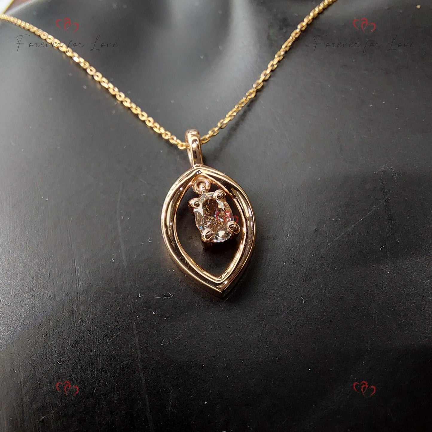 Oval diamond Necklace, 10K Rose  Gold, Dainty Minimalist Oval Pendant, Real Diamond Womens Necklace, Special Gift For Her. Moissanite engagement ring in Gold or Platinum — custom handcrafted by Forever For Love