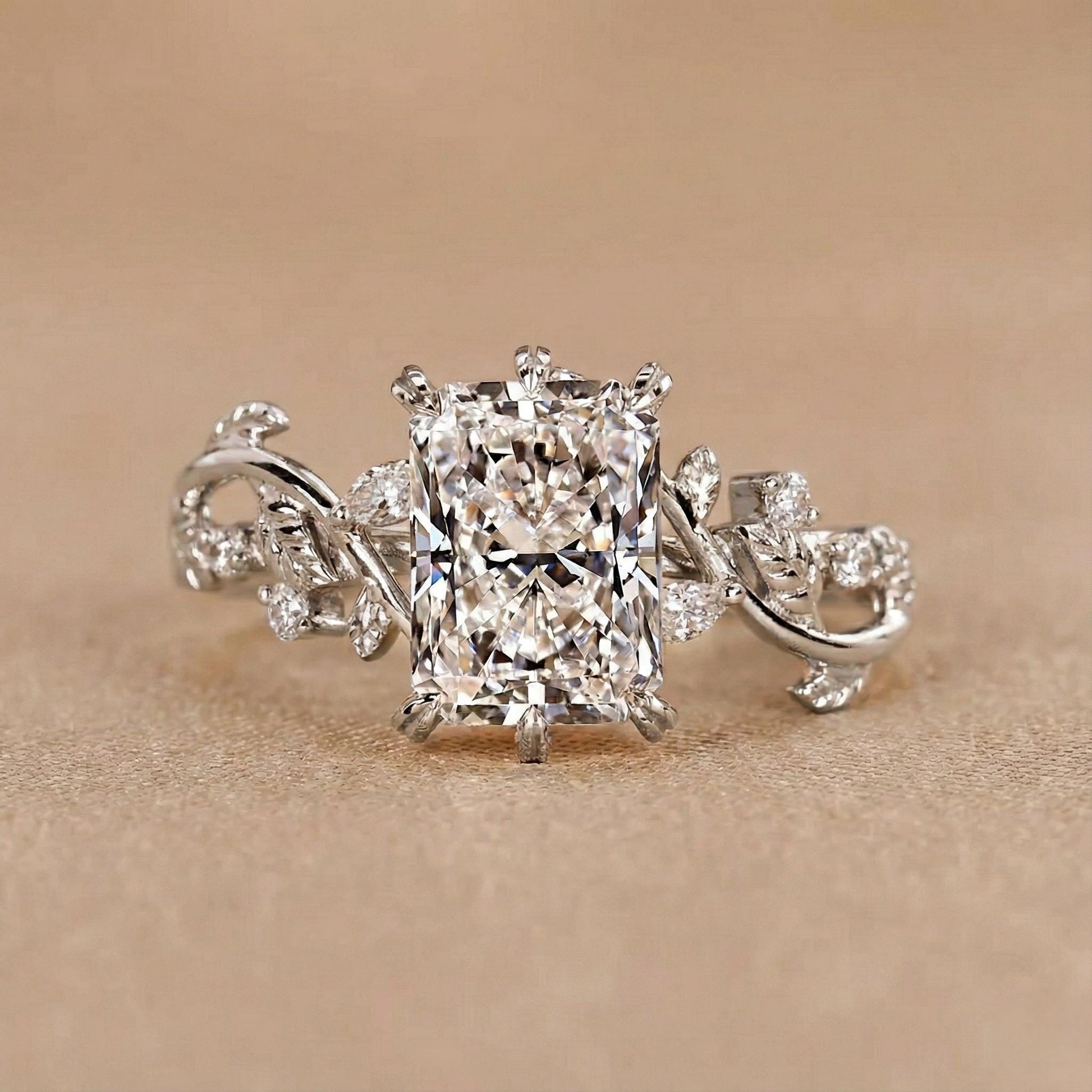 Radiant Cut Diamond Nature Inspired Wedding Ring, Leaf and Petals Design Engagement Ring, Unique Promise Ring for Her, Anniversary Gift Ring