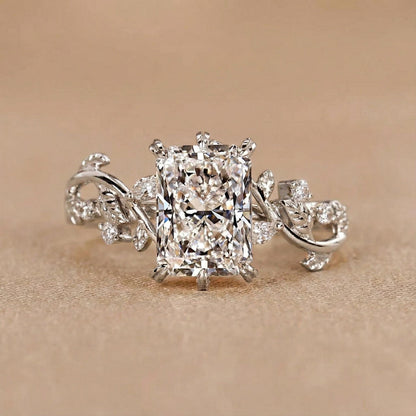 Radiant Cut Diamond Nature Inspired Wedding Ring, Leaf and Petals Design Engagement Ring, Unique Promise Ring for Her, Anniversary Gift Ring