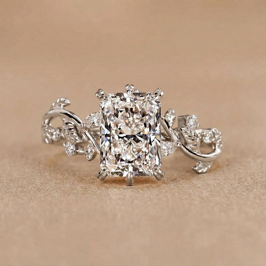 Radiant Cut Diamond Nature Inspired Wedding Ring, Leaf and Petals Design Engagement Ring, Unique Promise Ring for Her, Anniversary Gift Ring