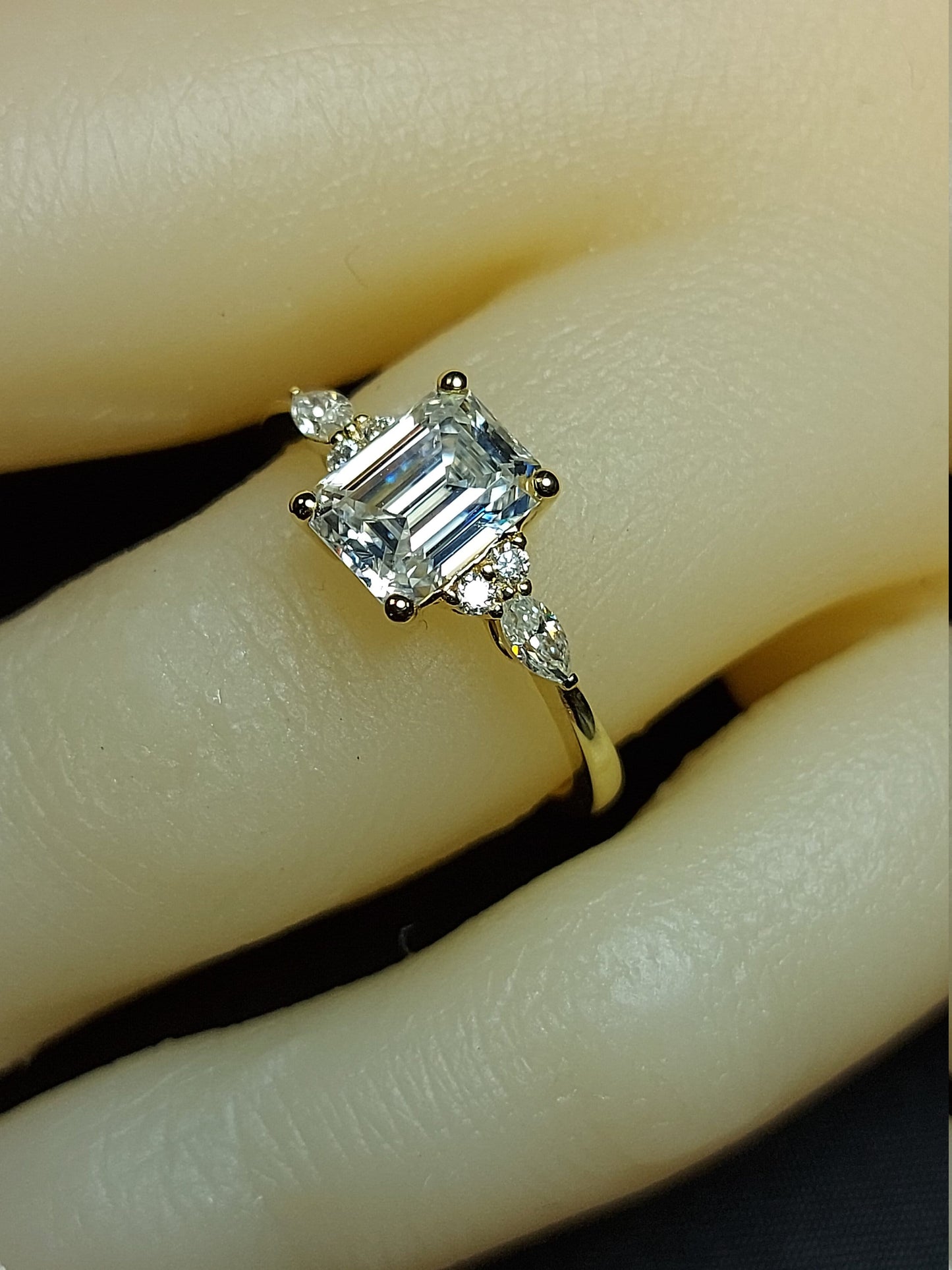 Vintage Emerald Cut Moissanite engagement ring unique Cluster gold engagement ring marquise diamond wedding Bridal art deco Anniversary. Marquise cut Moissanite engagement ring in Gold or Platinum — custom handcrafted by Forever For Love