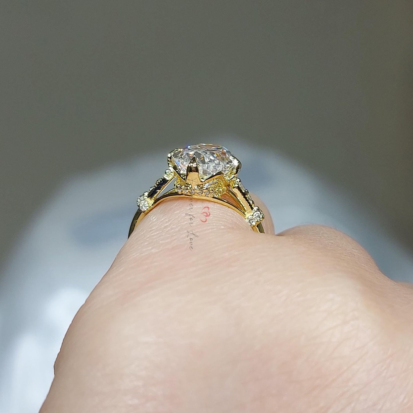 4 Ct Oval Moissanite Hidden Halo with Eternity Shank Engagement Ring Oval cut 1Ct Moissanite Brilliant Cut engagement ring in 935 Argentium Silver — custom handcrafted by Forever For Love