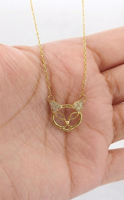 Massive Gold Katzenkette, 14k Gelbgold, Zierlicher minimalistischer Katzenanhänger, Zierliche Damenkette, Besonderes Geschenk für Sie.