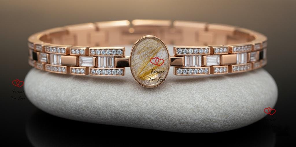 Golden Rutilated Quartz Bracelet with Baguette Diamonds, Solid Yellow Gold Bracelet, Angel Hair Quartz, Anniversary Gift, Fully Customizable Moissnaite engagement ring in Gold or Platinum — custom handcrafted by Forever For Love