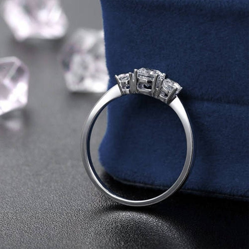 Round Diamond Three Stone Engagement Ring Round cut Moissanite engagement ring in Gold or Platinum — custom handcrafted by Forever For Love