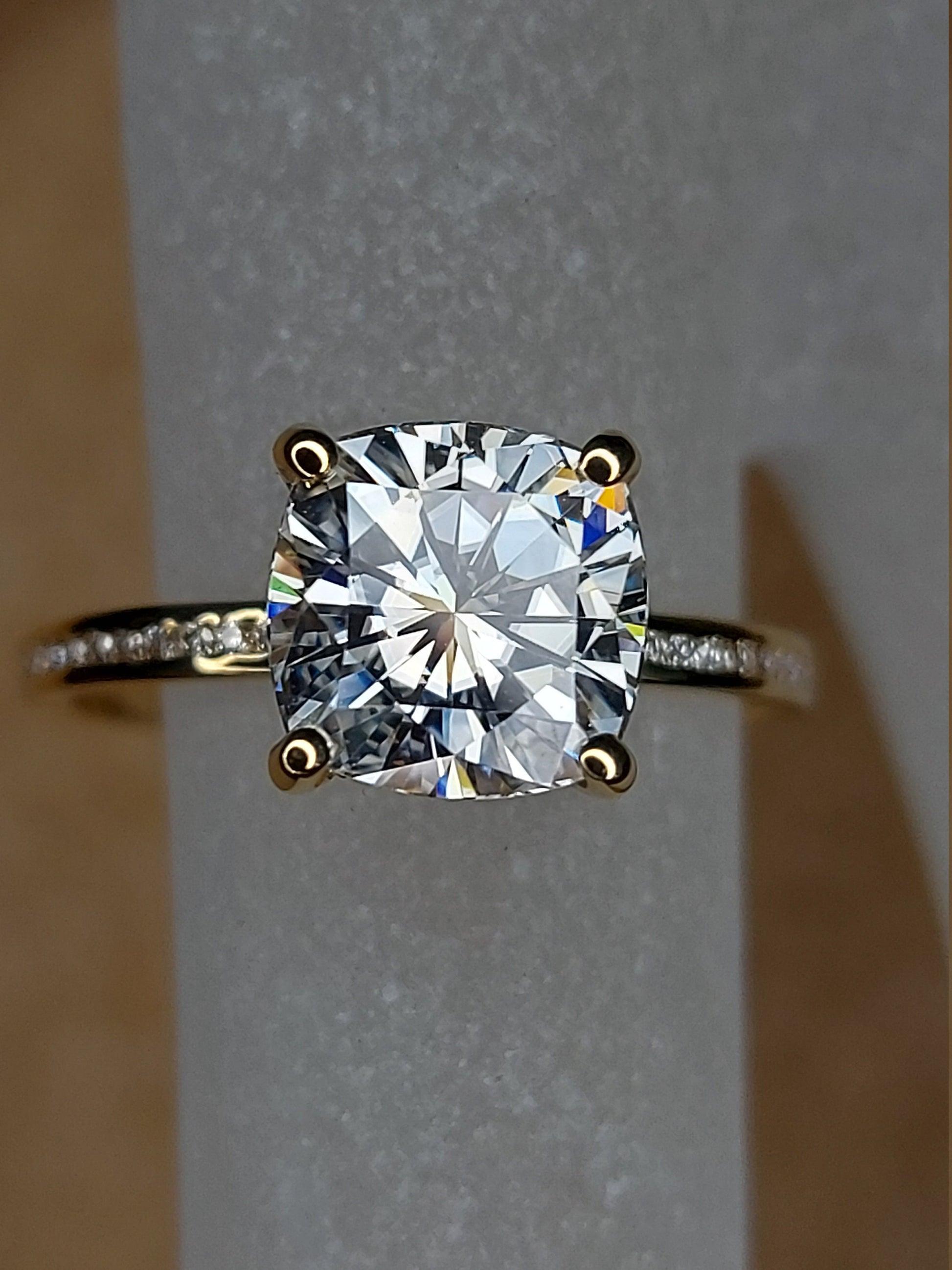 1.7 Ct Cushion Diamond, Moissanite Hidden Halo Engagement Ring