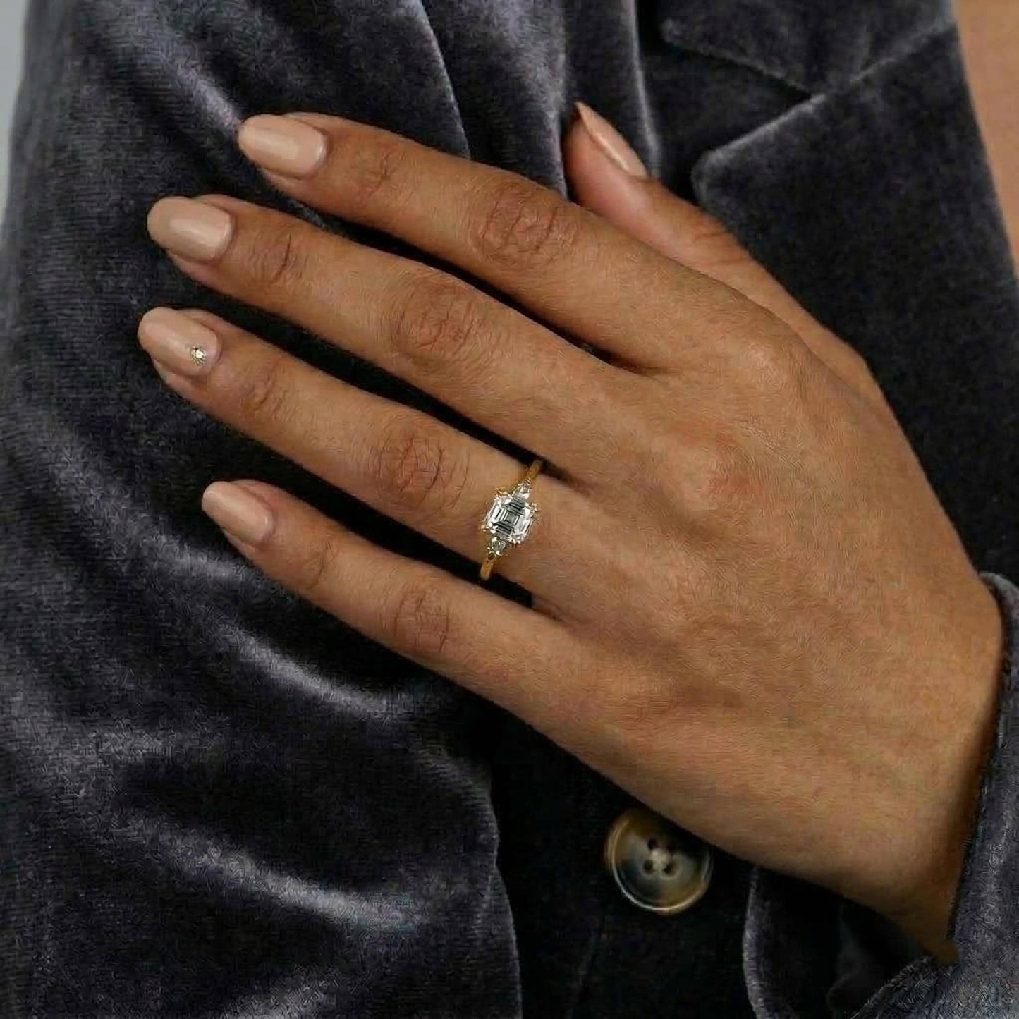Asscher Lab Diamond Three Stone Engagement Ring Asscher cut Moissanite engagement ring in Gold or Platinum — custom handcrafted by Forever For Love