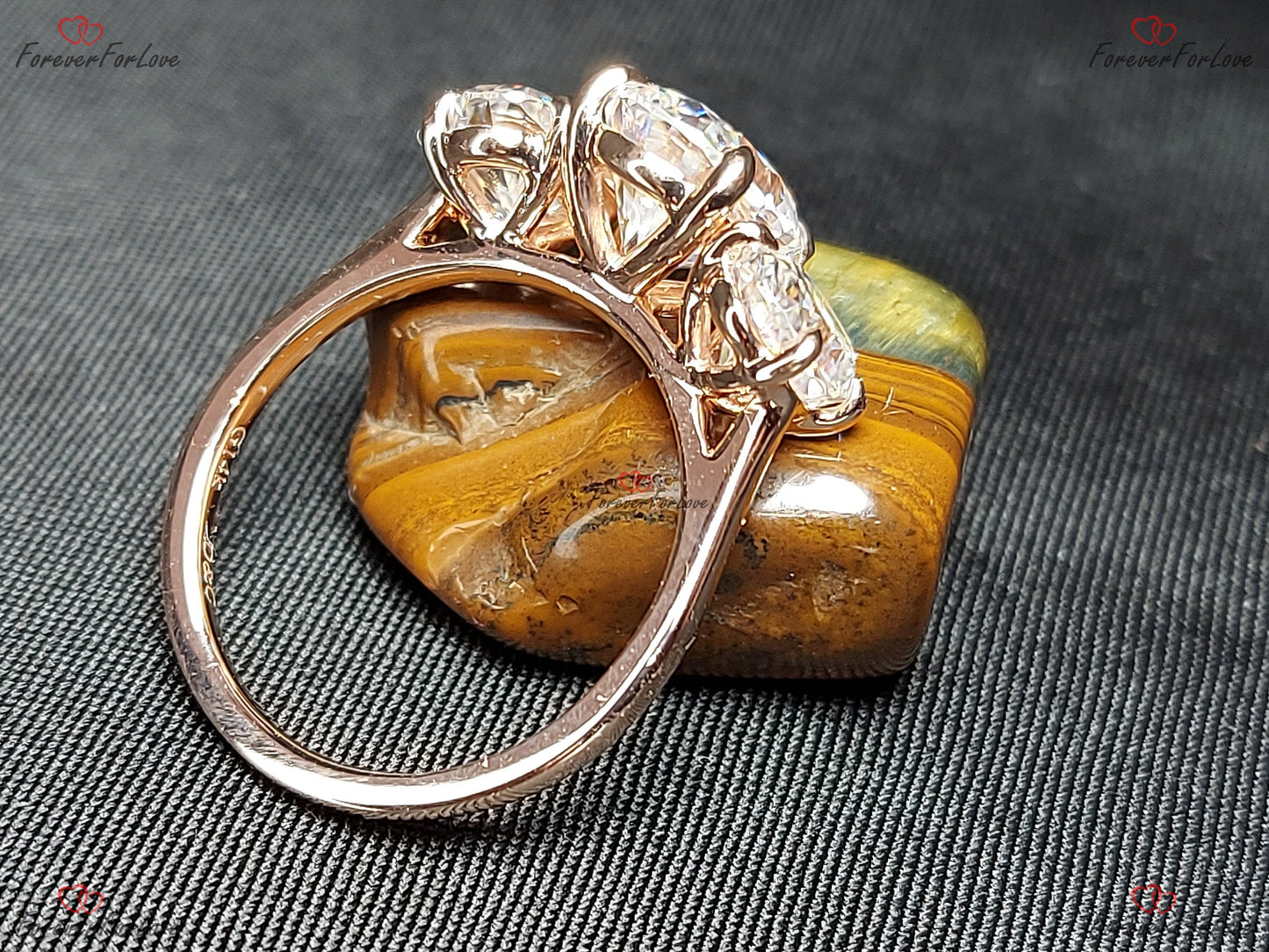 Oval Moissanite Three Stone Engagement Ring Oval cut Moissanite engagement ring in Gold or Platinum — custom handcrafted by Forever For Love