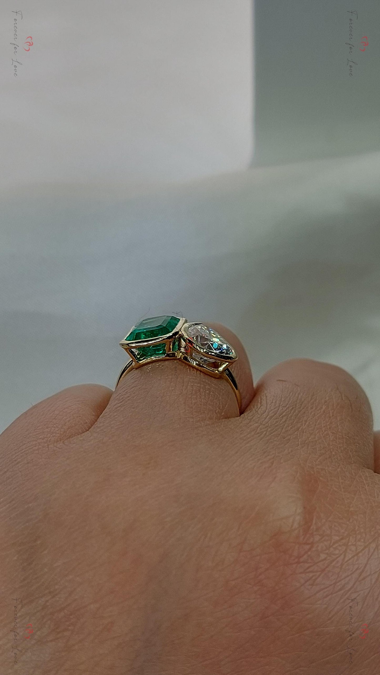 Baguette Diamond, Emerald Three Stone Ring Baguette cut Moissanite engagement ring in Gold or Platinum — custom handcrafted by Forever For Love