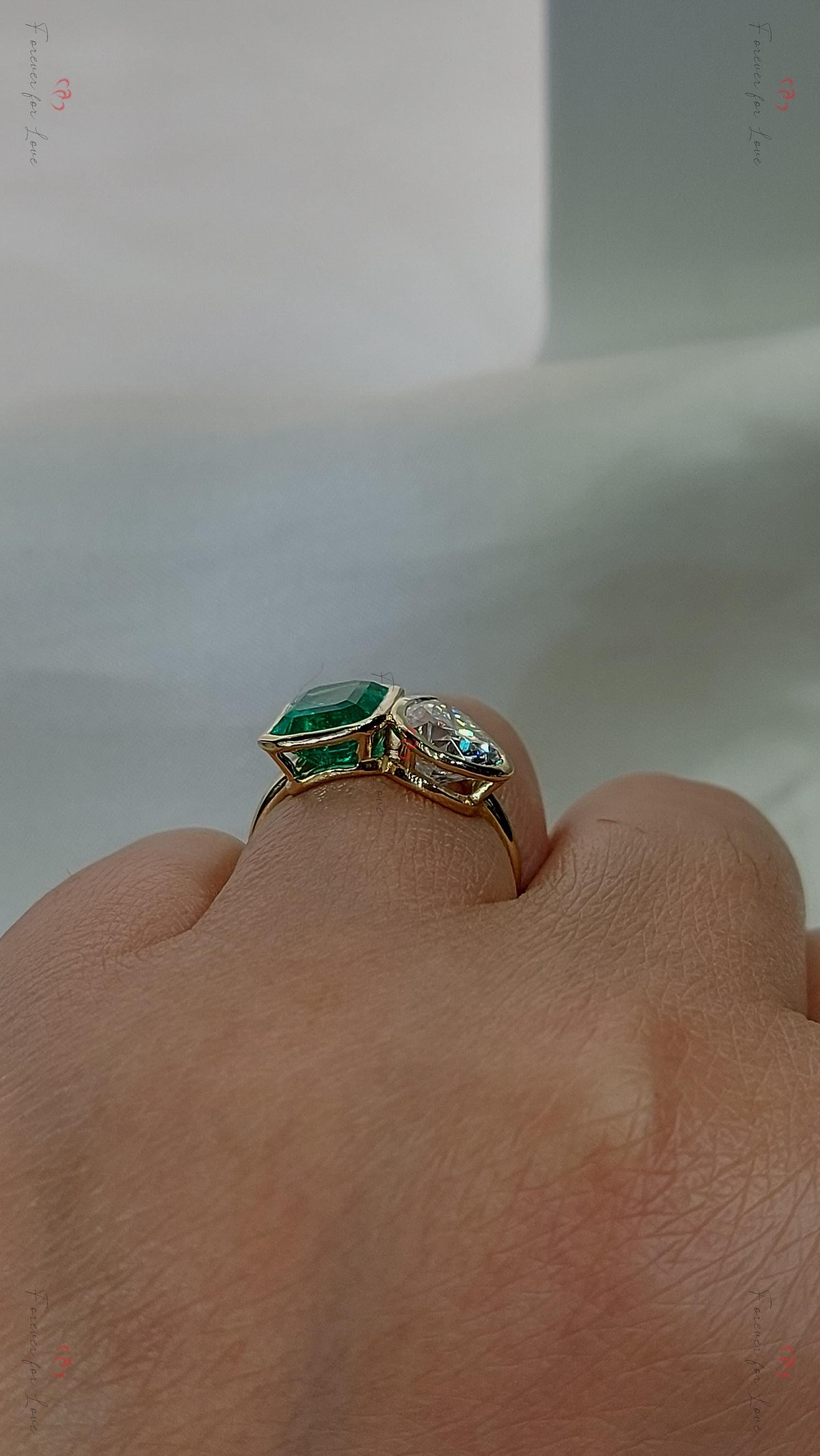 Baguette Diamond, Emerald Three Stone Ring