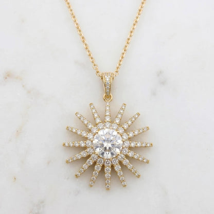 2,1 Karat E/VVS2 zertifizierter runder Diamant-Solitaire-Anhänger im Sunburst-Design mit Kette. 14k Gelbgold, im Labor gezüchteter Diamant, perfektes Geschenk