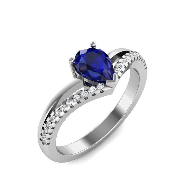 Pear Blue Diamond, Sapphire Engagement Ring Pear cut 1Ct Natural Sapphire engagement ring in 935 Argentium Silver — custom handcrafted by Forever For Love
