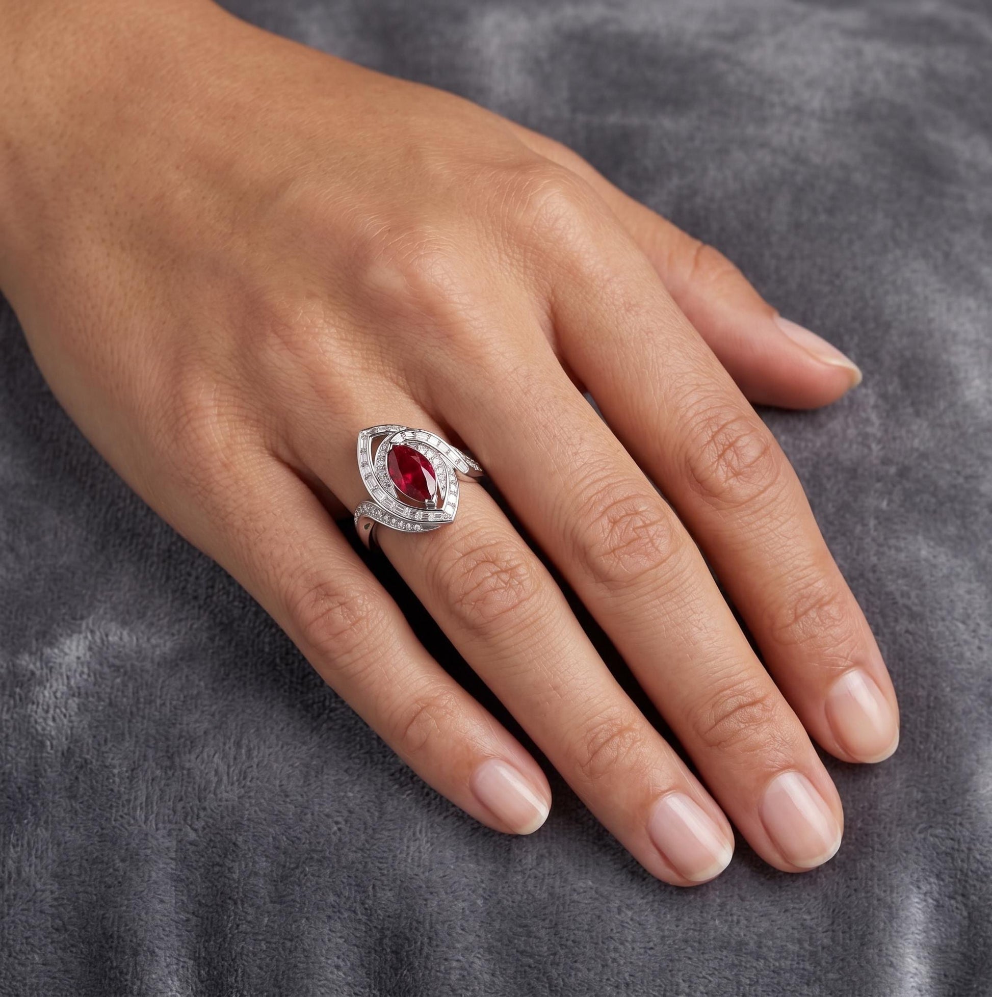 2.5 ct Ruby Pear Ring 14K solid gold Ring, Baguette and Round Lab Diamond, Minimalist Ring, Pear ring, Chunky ring, Gift for her.