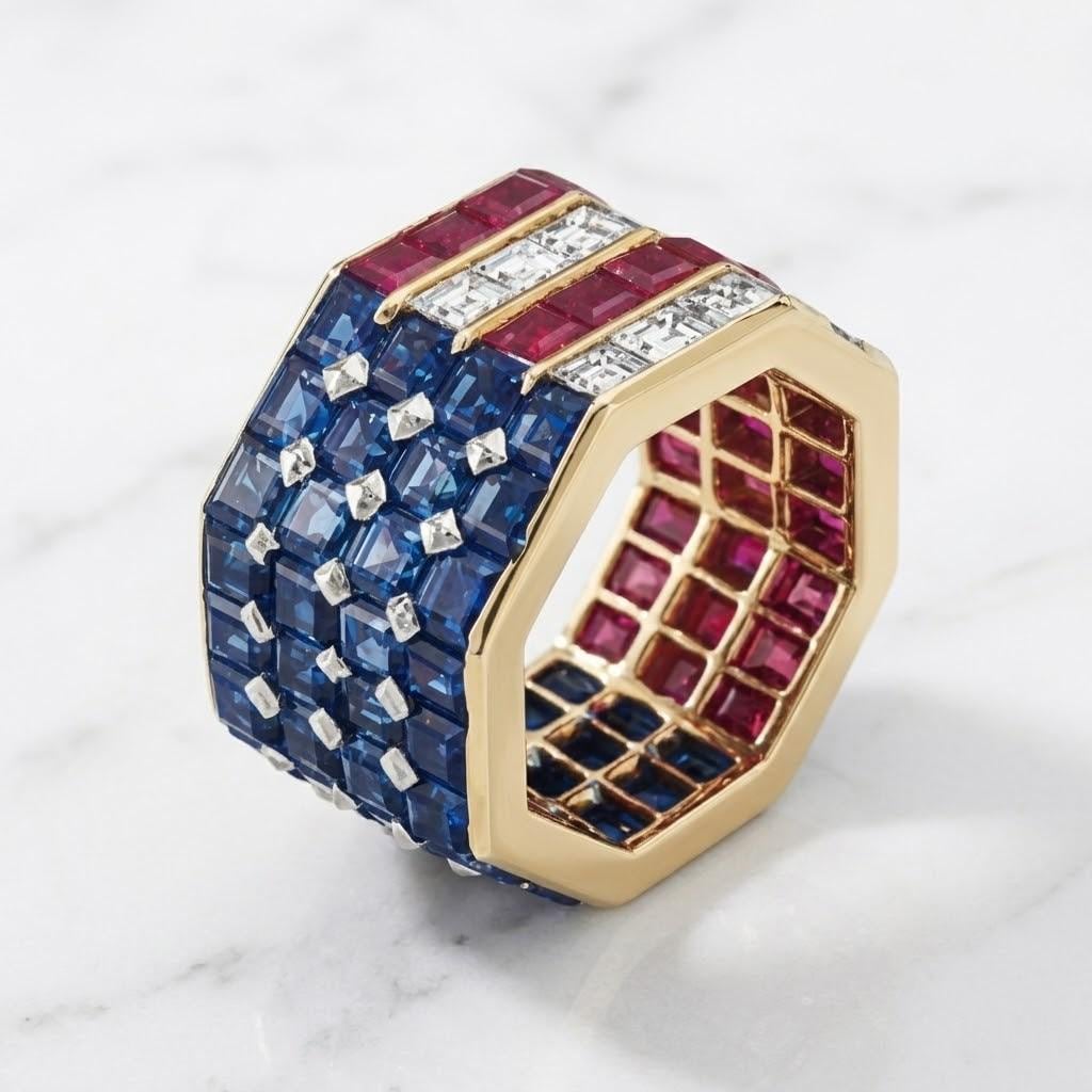 Rechteckiges Band aus Diamanten, Saphiren und Rubinen Moissanite engagement ring in 935er Argentium Silber — custom handcrafted by Forever For Love