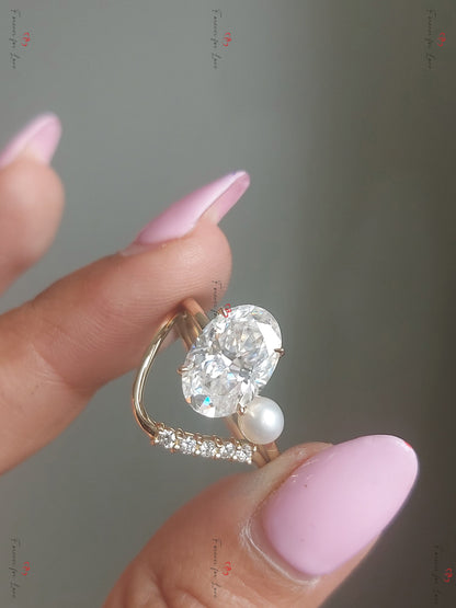 5 Ct Oval Moissanite, Pearl Engagement Ring