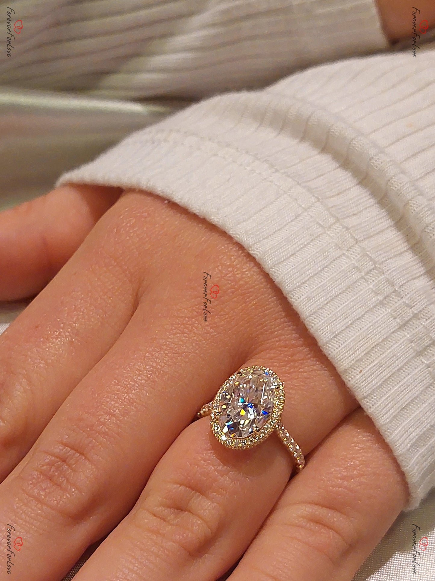 4 Ct Oval Moissanite Halo Ring with Eternity Band Oval cut 1Ct Moissanite Brilliant Cut engagement ring in 935 Argentium Silver — custom handcrafted by Forever For Love