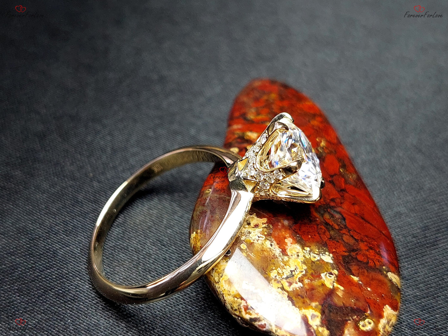 3CT einzigartiger runder Moissanit- und Diamant-Verlobungsring aus massivem Gelbgold, Versprechensring, Heiratsantrag, Jahrestagsgeschenk für sie Round cut Moissanite engagement ring in 935 Argentium Silber — custom handcrafted by Forever For Love