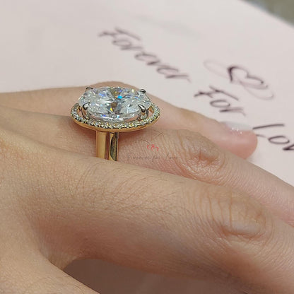 14K Yellow Gold Oval Moissanite Halo Wedding Ring, 4.8 Carat