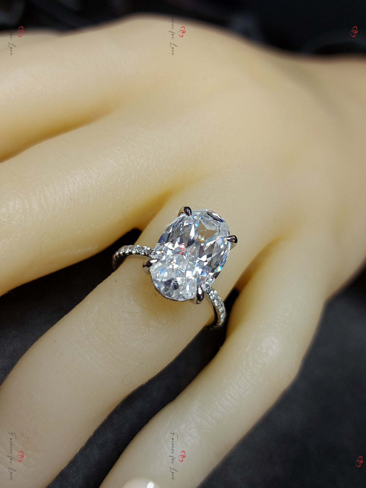 7 Ct Oval Moissanite Hidden Halo Ring with Pavé Band Oval cut Moissanite Brilliant Cut engagement ring in 935 Argentium Silver — custom handcrafted by Forever For Love