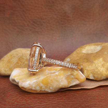 Oval Diamond, Morganite Hidden Halo Engagement Ring
