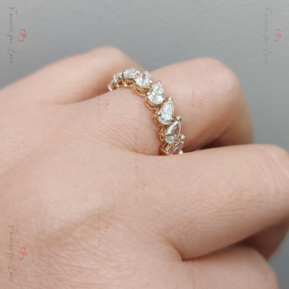 Pear Cut Diamond Lab Grown Full Eternity Band Certified Pear Diamond Band Yellow Gold Full Eternity Wedding Ring sharing Prong Diamond Band