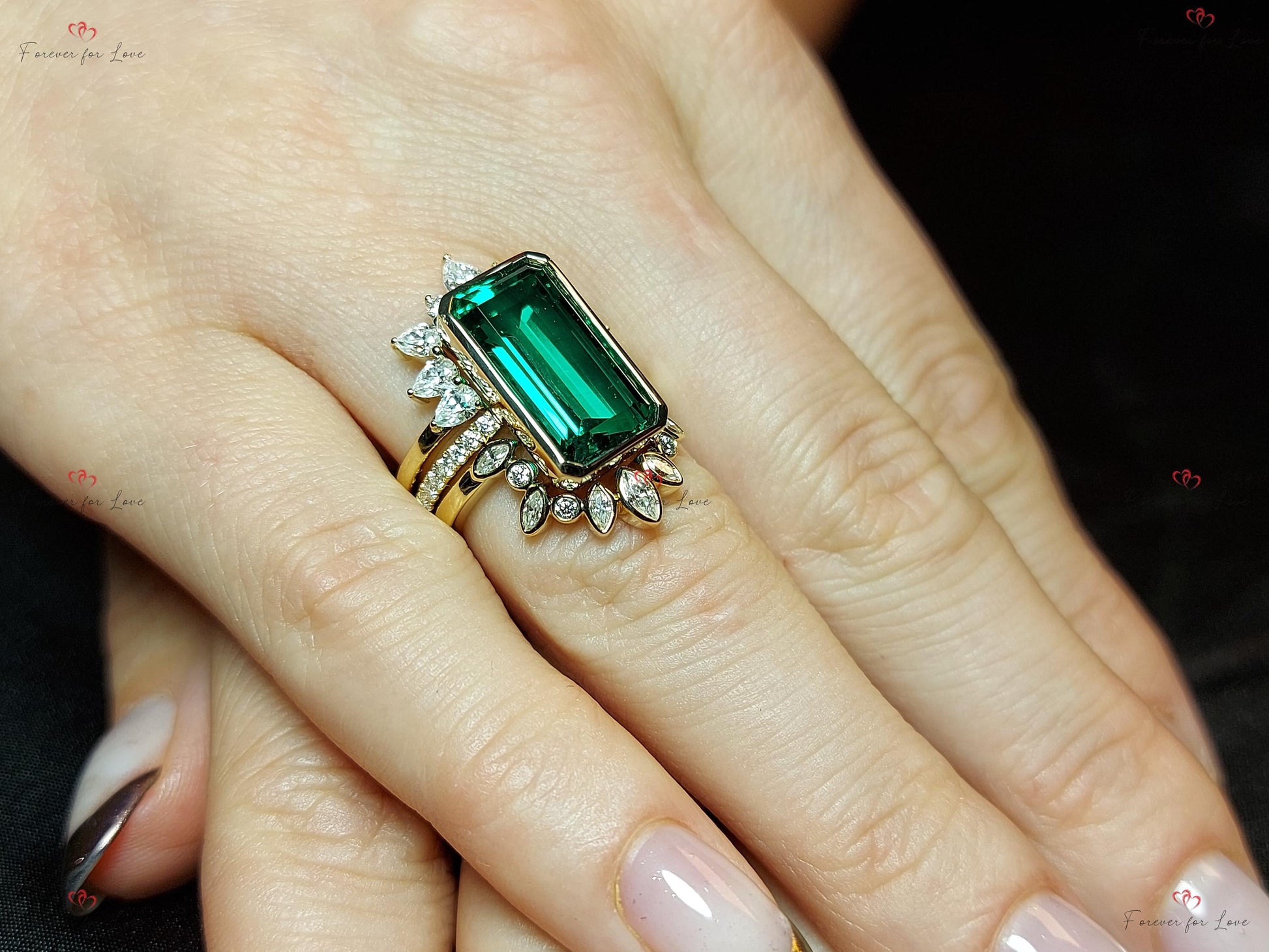 Marquise Diamond, Emerald Wedding Band