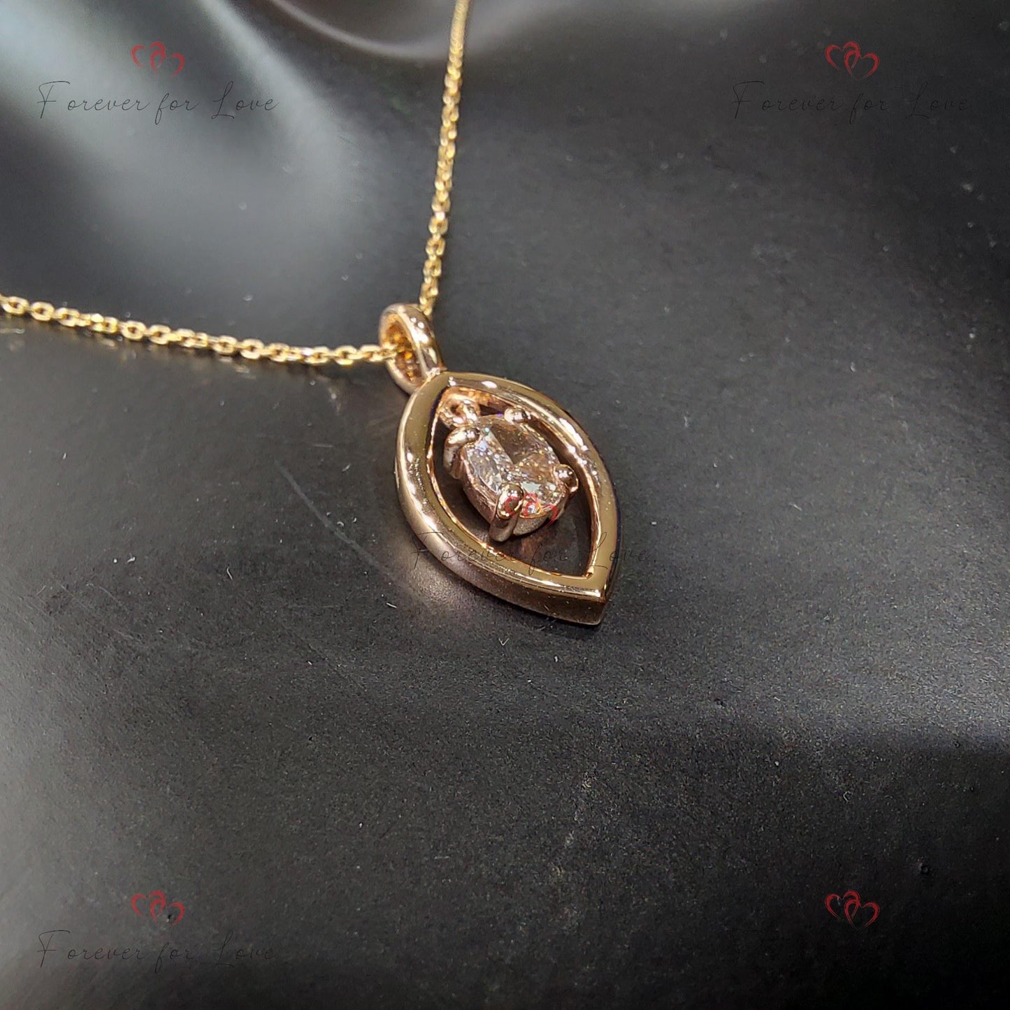 Oval diamond Necklace, 10K Rose  Gold, Dainty Minimalist Oval Pendant, Real Diamond Womens Necklace, Special Gift For Her. Moissanite engagement ring in Gold or Platinum — custom handcrafted by Forever For Love