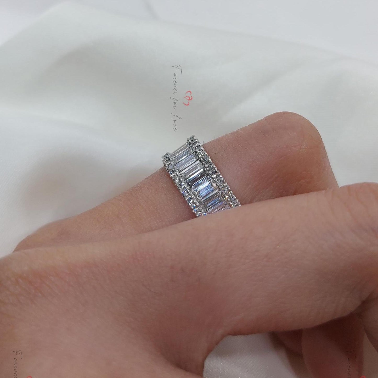 3.5 Ct Baguette & Round Lab Diamond Eternity Band Baguette cut Moissanite Brilliant Cut engagement ring in 935 Argentium Silver — custom handcrafted by Forever For Love