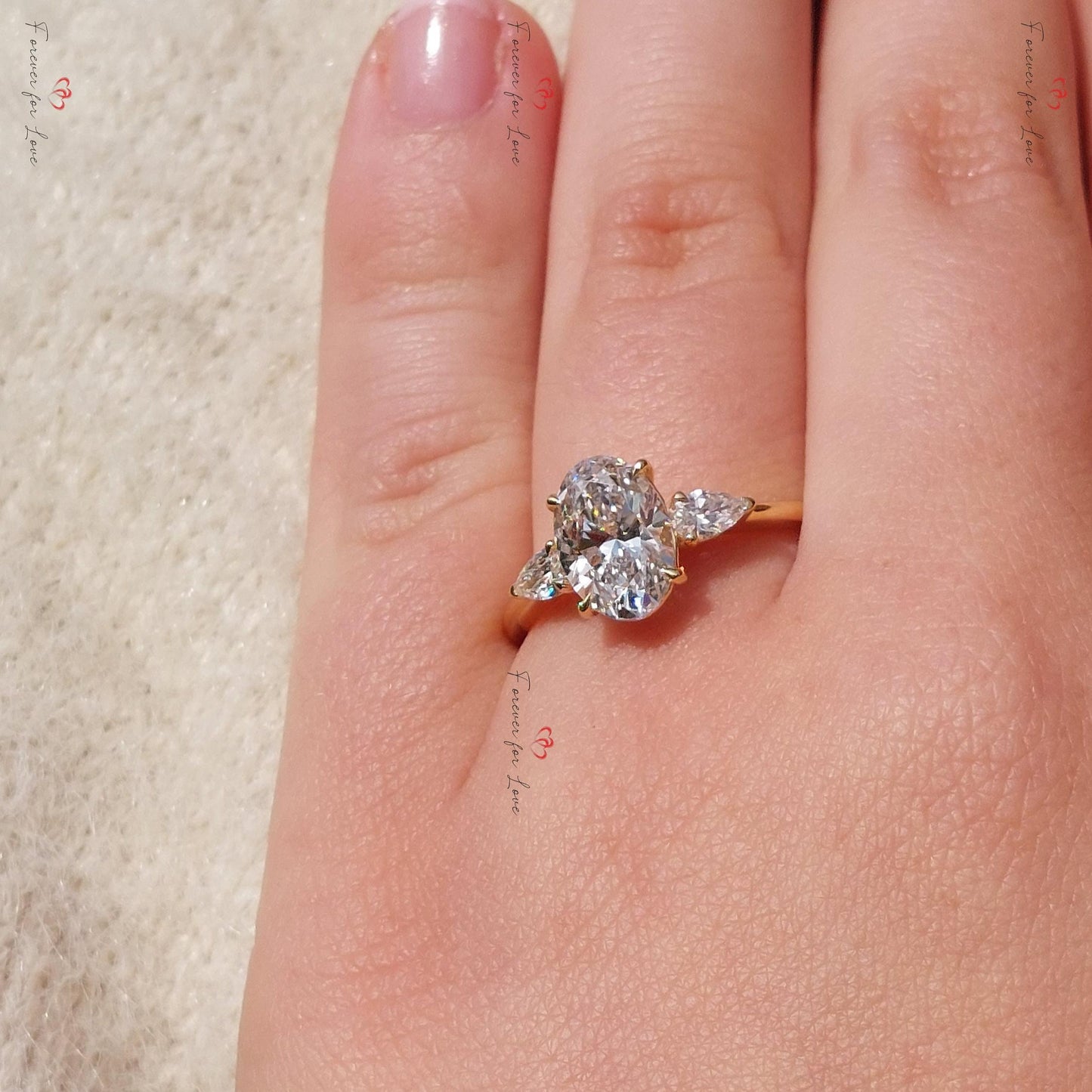 2.5 Ct IGI Oval Lab Diamond Three Stone Engagement Ring Oval cut Moissanite engagement ring in Gold or Platinum — custom handcrafted by Forever For Love