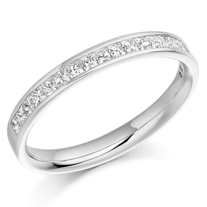 Princess Cut Diamond Half Eternity Ring 1.8mm 18k 14k natural Wedding Band Channel Setting. Yellow Rose White Gold Platinum certified. Princess cut Moissanite Brilliant Cut engagement ring in 935 Argentium Silver — custom handcrafted by Forever For Love