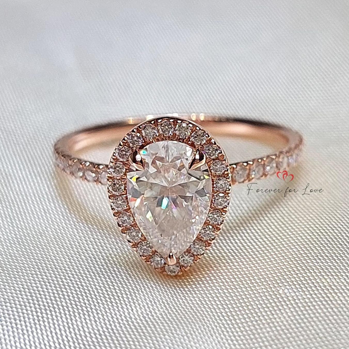Pear Moissanite Halo Engagement Ring Pear cut 1Ct Moissanite Brilliant Cut engagement ring in 935 Argentium Silver — custom handcrafted by Forever For Love
