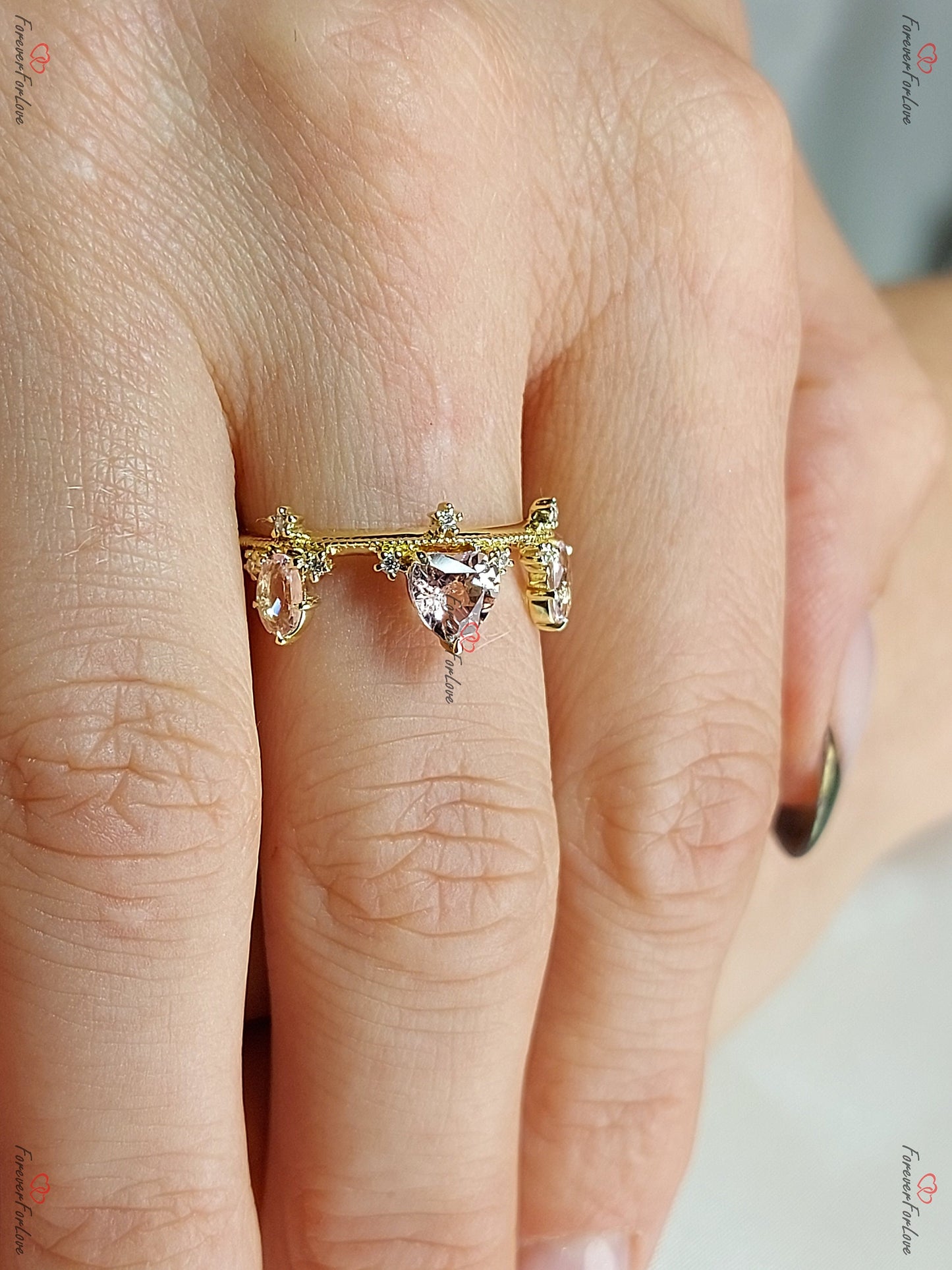 Vintage Morganite Crown Band Ring Princess Wedding Band, Diamond Victorian Band Women, 14K solid Gold Wedding Band | Minimalist Ring Gold Princess cut Natural Morganite engagement ring in 935 Argentium Silver — custom handcrafted by Forever For Love