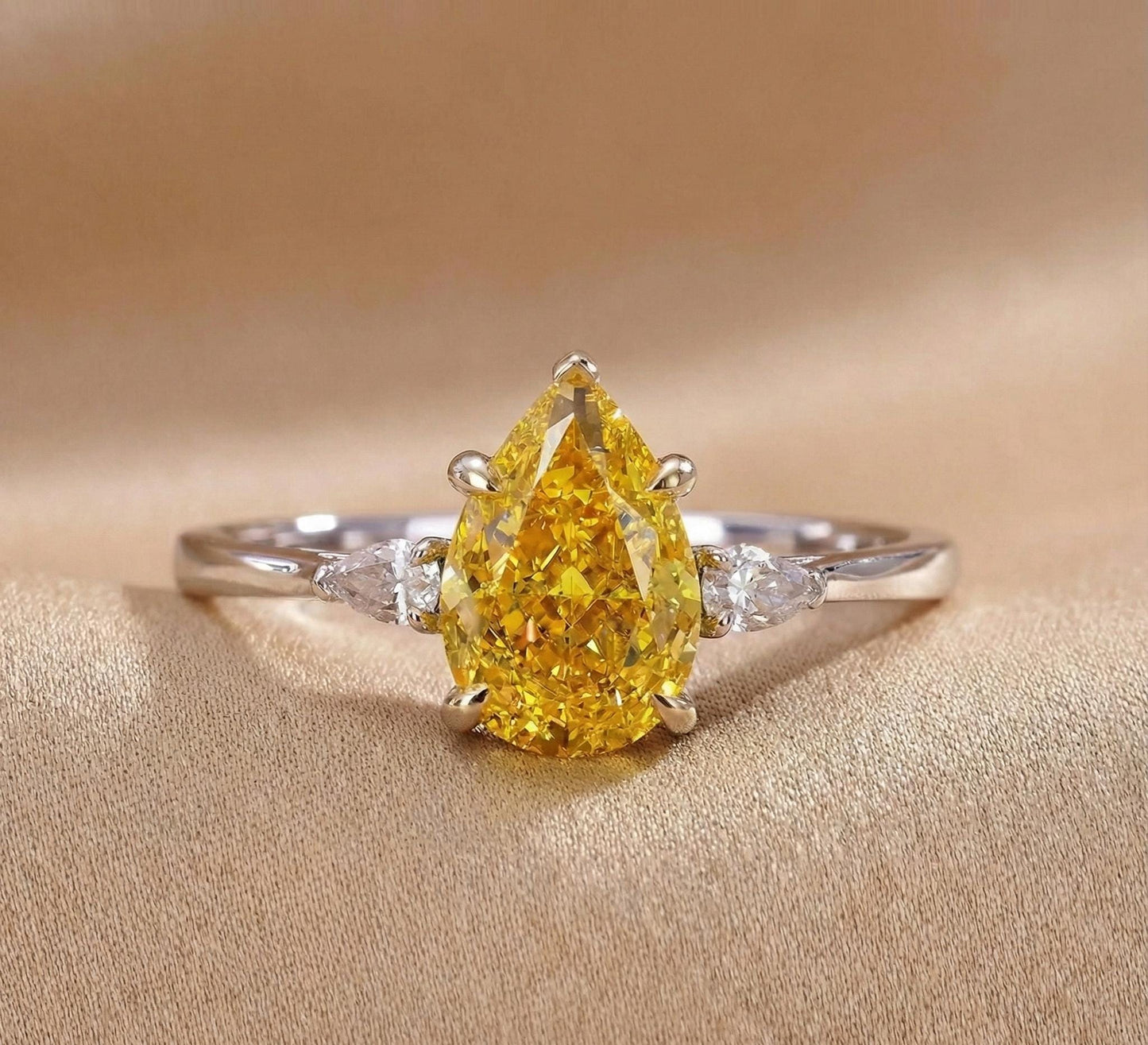 1.60 Ct Pear Lab Diamond Three Stone Engagement Ring Pear cut Moissanite engagement ring in Gold or Platinum — custom handcrafted by Forever For Love