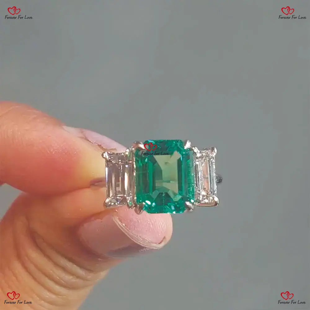 Emerald and Moissanite Engagement Wedding Ring Emerald cut 1Ct Moissanite Brilliant Cut engagement ring in 935 Argentium Silver — custom handcrafted by Forever For Love