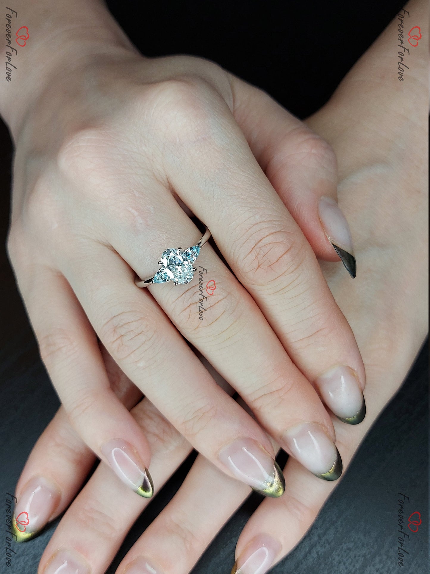 1.5 Ct Oval Moissanite Engagement Ring with Topaz Accents Oval cut 1Ct Moissanite Brilliant Cut engagement ring in 935 Argentium Silver — custom handcrafted by Forever For Love