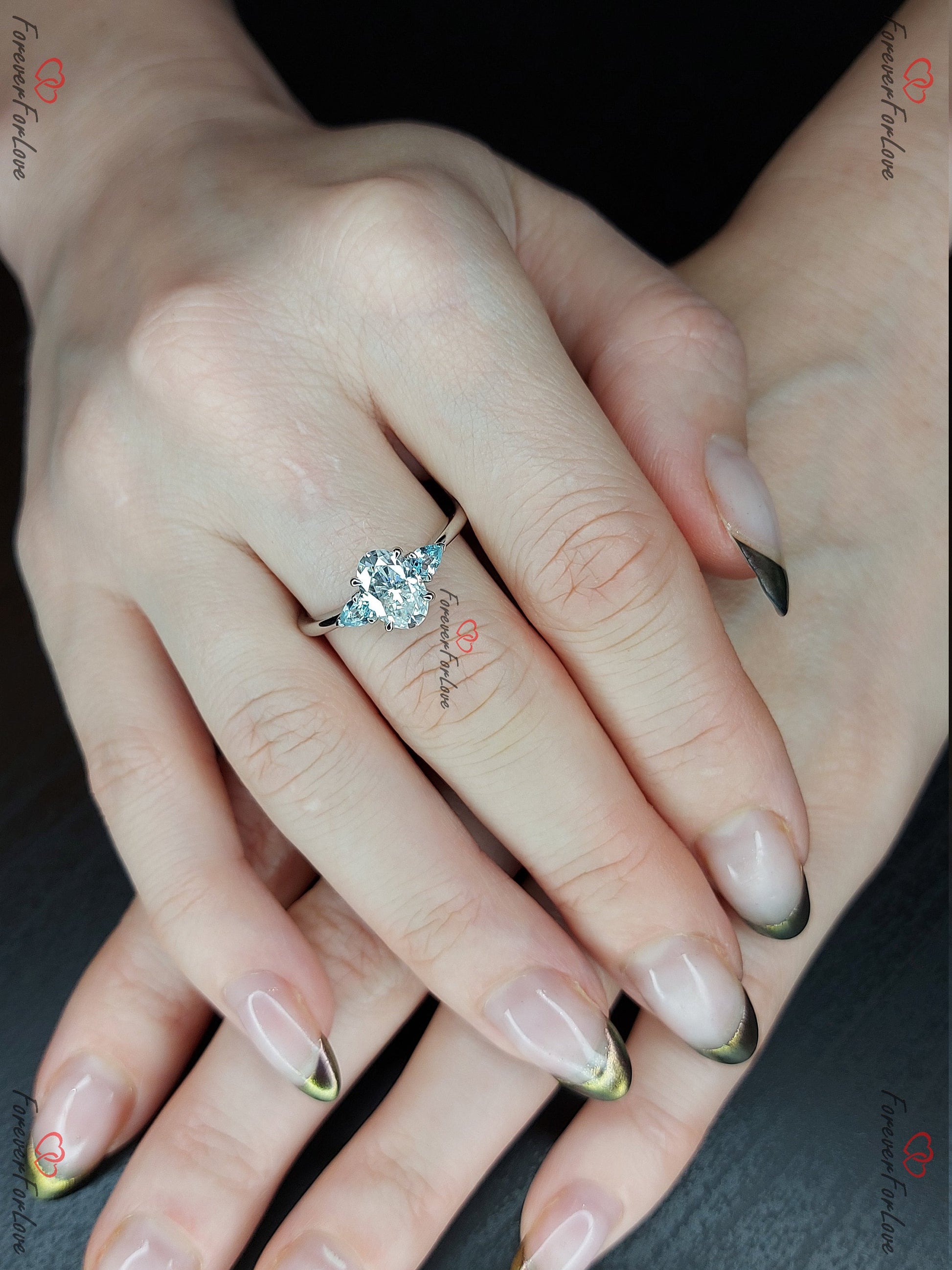 Oval Blue Diamond, Moissanite, Topaz Engagement Ring