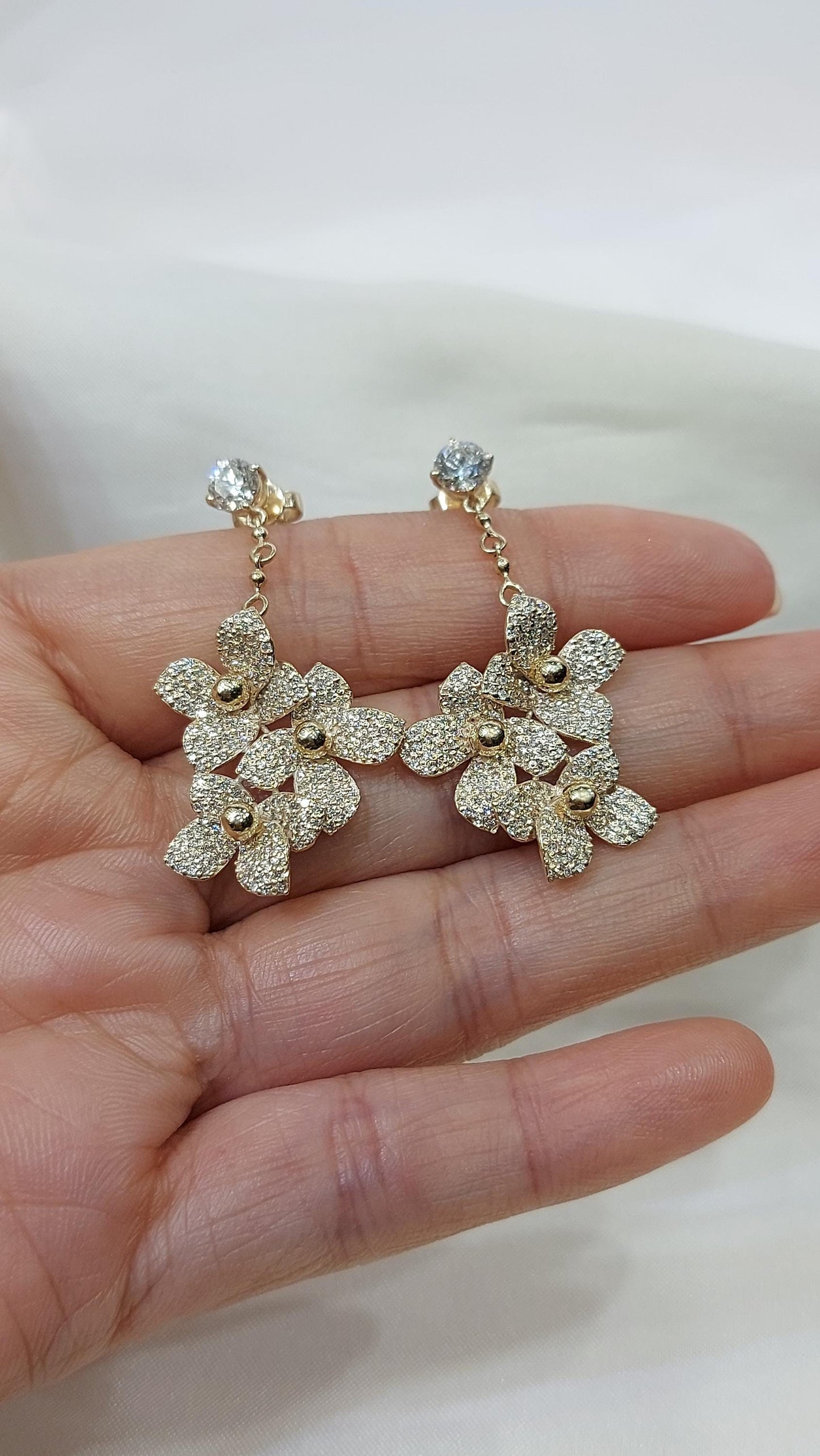 14k Gold Flower Drop, Solid Dangling Gold Earring with Flower Charms, Bubble Flower Earring Charm, Flower Earrings, Dangling diamond Moissanite engagement ring in Gold or Platinum — custom handcrafted by Forever For Love