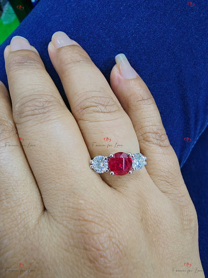 Natural Diamond, Ruby Three Stone Engagement Ring