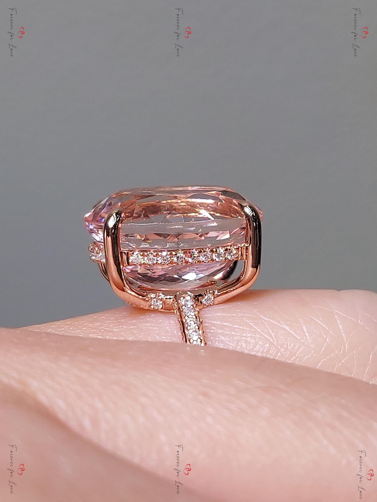 8 Ct Oval Diamond, Morganite Halo Engagement Ring Oval cut Moissanite engagement ring in Gold or Platinum — custom handcrafted by Forever For Love