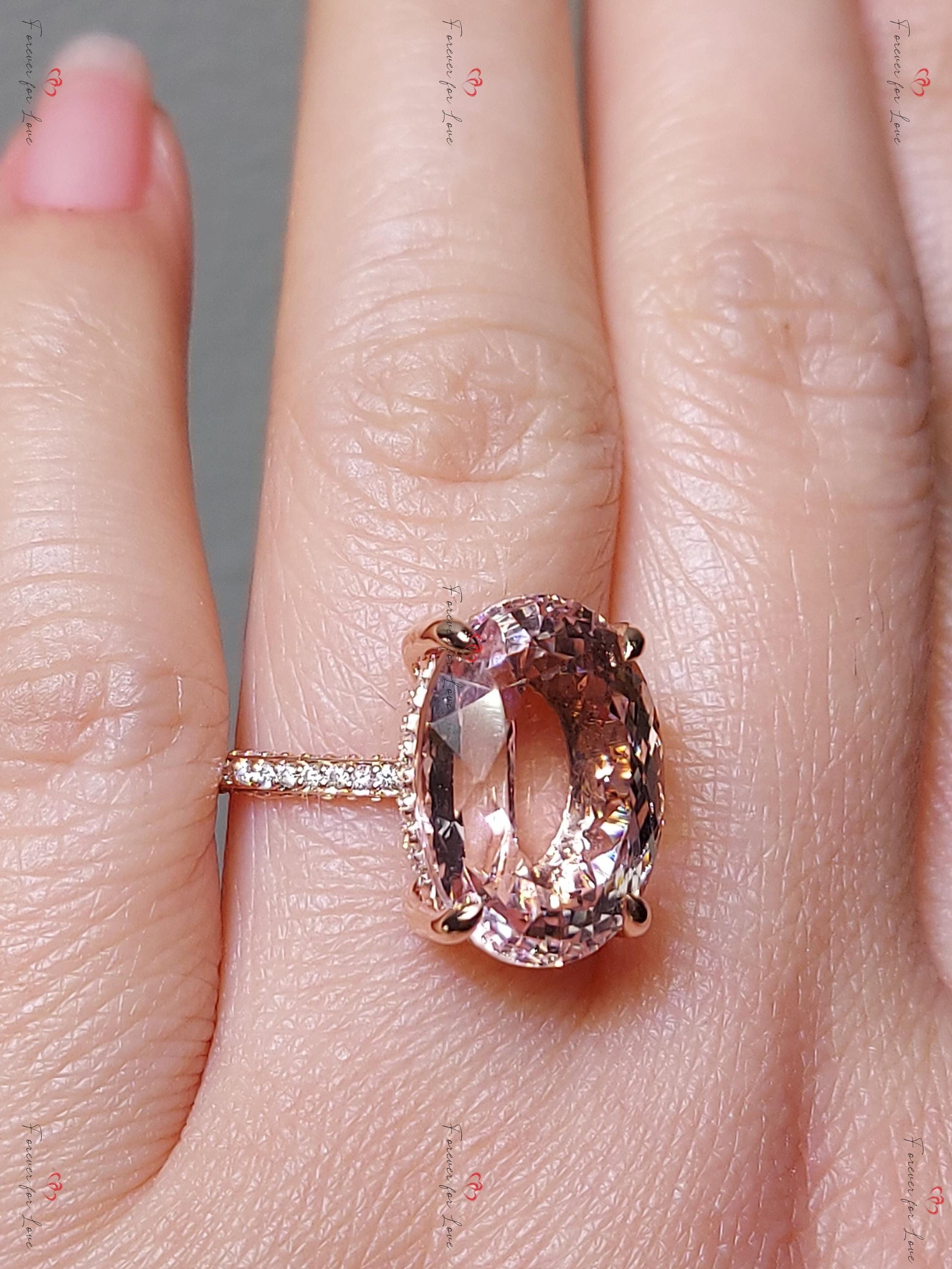 8 Ct Oval Diamond, Morganite Halo Engagement Ring